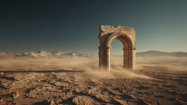 A weathered stone arch stands solitary in a vast, dusty desert landscape under a clear sky, the wind whipping sand around its base