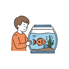 Youngster Gazes at Fish. A small boy observes his colorful aquatic animal within a simple glass tank. This image expresses wonder, care, and the delight of pet companionship.
