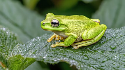 Naklejka premium Vibrant Green Frog Resting on Leaf with Dewdrops in Nature