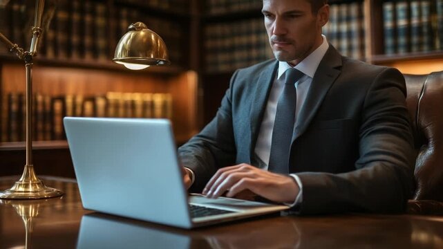 Professional man working on laptop in law library