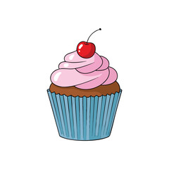 Sweet Cherry Topped Cupcake. Delicious pink frosted dessert with a bright red fruit. This delectable pastry embodies joy, celebration, and delightful indulgence.