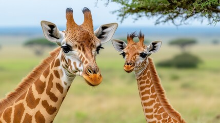 Obraz premium Close-Up of Two Giraffes in Natural Habitat Surrounded by Trees