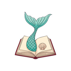 Mermaid Tail Rises from Open Book. A magical sea creature's fin emerges from a classic tale, with a delicate shell inside. Evokes imagination, wonder, and narrative journeys.