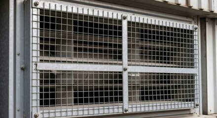 Old metal air vent with a protective grate on an industrial wall, concept of air flow and old ventilation system.
