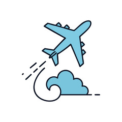 Blue Airplane Flight Icon. A vibrant aviation graphic featuring a jet ascending past a serene cumulus. Represents global adventures, personal freedom, and exciting new horizons.