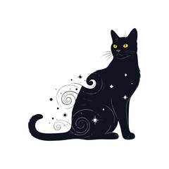 Celestial Cat Mystic Illustration. This graceful ebony feline showcases intricate cosmic designs and luminous golden gaze. It represents a blend of enigmatic charm and universal wonder.