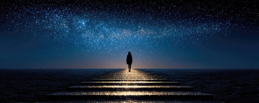 Step-by-step achievement of goals glowing path concept. A figure walks on illuminated steps under a starry night sky.
