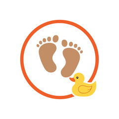 Baby Footprints and Rubber Duck Icon. A tender graphic representing infancy and nurturing care. Features delicate infant feet with a cheerful bath toy, symbolizing playful moments.