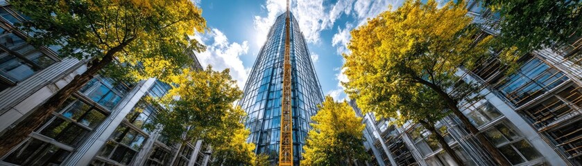 Eco friendly construction in contemporary metropolis concept. A towering skyscraper surrounded by vibrant green trees.