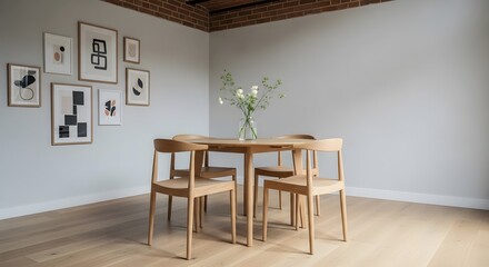 A minimalist dining room has a round wooden table and six matching chairs. The walls are light gray, featuring framed abstract art. A vase of white flowers adds a touch of