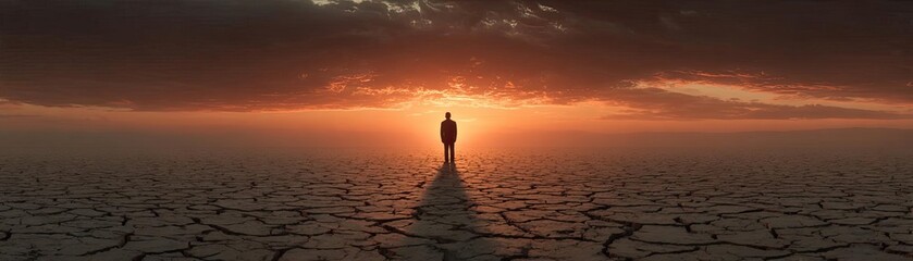 Farmer in dry fields after harsh drought concept. A lone figure standing in a desolate landscape at sunset.