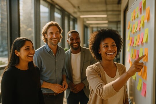Bright open office stand up with diverse colleagues laughing and brainstorming around sticky notes in casual business collaboration