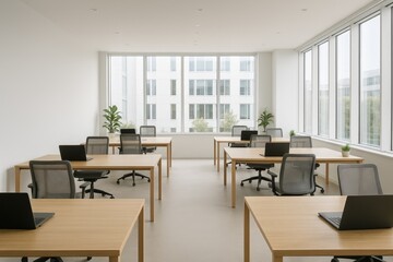 Bright open plan office with Scandinavian minimal desks greenery large windows and soft daylight tidy cable management neutral tones and generous copy space