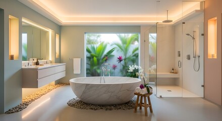 Modern bathroom design featuring a large marble bathtub, a walk in shower, double vanity, and a view of a lush tropical garden. Soft lighting and a neutral color palette