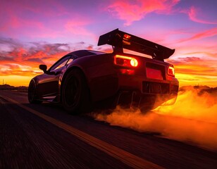 Red Sports Car Burning Rubber at Sunset