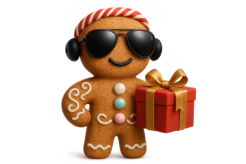 Cool gingerbread man wearing sunglasses and headphones holding a gift on transparent background