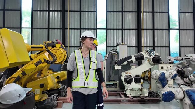 Factory Worker Amidst Automation: A diligent female factory worker, clad in safety gear and a high-visibility vest.