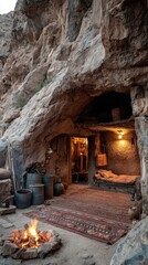 A rustic cave dwelling entrance with a lit fire in front, showing a simple interior with bedding and everyday items