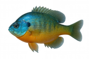 Sunfish gliding with vivid orange and blue coloration, revealing intricate marine details against clean, translucent backdrop