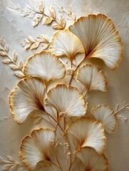 Intricate relief carving of ginkgo biloba leaves and branches on a textured, off-white background. The leaves are rendered in shades of cream and light brown, creating a three-dimensional effect