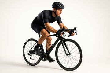 Obraz premium Athletic man riding a road bike in dynamic motion isolated on pure white background sharp studio lighting aerodynamic outfit speed concept clean cutout