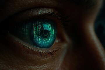 Macro blue human eye scanning neon green cyber interface with code streams anonymous hacker silhouette and biometric security pattern
