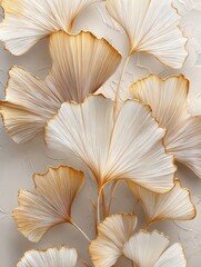 Close-up of dried ginkgo biloba leaves arranged against a textured off-white background.  The leaves exhibit a gradient of beige and light brown tones