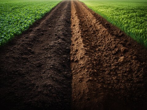 A plowed field is shown, with two dark brown furrows running from the foreground to the background. Lush green crops flank the furrows on either side