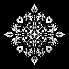 Symmetrical, monochrome design featuring a complex, ornate pattern reminiscent of stylized flames and floral motifs, radiating from a central point