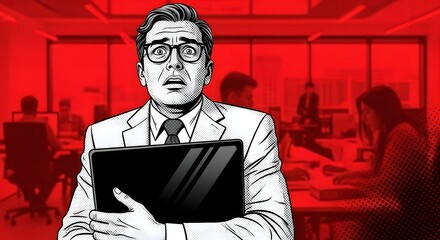 Job Hugging Trend in office A dramatic comic-style illustration of a terrified businessman holding a tablet during a corporate crisis or system failure