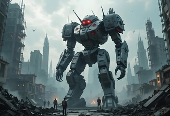 Naklejka premium Giant robot looming over city ruins evokes a dystopian future sci-fi scene with dramatic tension
