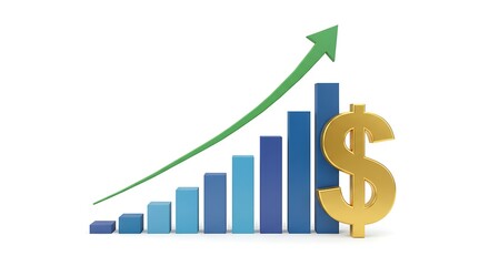Rising Bar Graph with Upward Arrow and Golden Dollar Sign Represents Growth