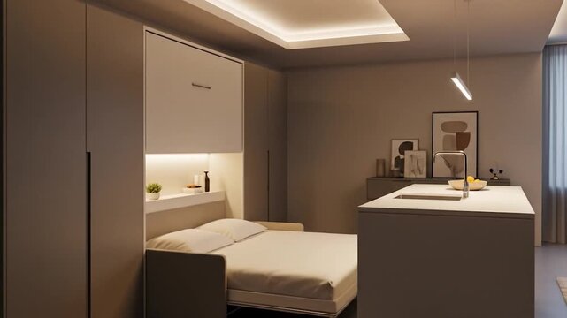 Modern Studio Apartment with Murphy Bed, Kitchen Island, and Ambient Lighting
