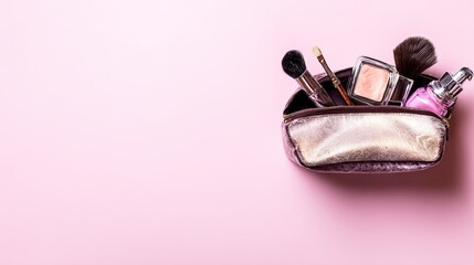 Obraz premium Elegant cosmetic bag opened on a pink background, showcasing beauty products inside.