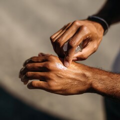 Close-up of dark-skinned hands applying lotion outdoors in sunlight