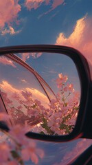 A car's side mirror reflects a vibrant sunset and delicate pink blossoms, creating a serene and picturesque scene