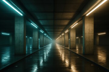 Obraz premium Moody empty underground parking garage with geometric columns dramatic neon strips foggy atmosphere and deep shadows perfect copy space for modern design