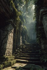 Sunlit stone staircase descends into overgrown ancient ruins, dappled sunlight filtering through dense jungle foliage overhead