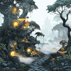 Fototapeta premium Enchanted Treehouse Village with Glowing Mushroom Homes.