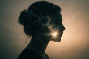 Double exposure female silhouette with storm clouds and sunlight symbolizing anxiety and hope minimalist gradient background mental health concept