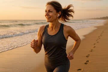 Sunrise beach run energetic middle aged woman in athletic wear strides along shoreline kicking sand headphones on fresh ocean air wellness vibe