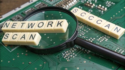 Close-up of Network Scan Concept on Green Circuit Board with Magnifying Glass and Scrabble Letter Tiles for Technology Themes