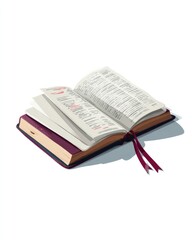Open book with burgundy cover and ribbon bookmark, lying at an angle, showcasing detailed pages with tiny text
