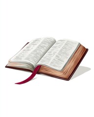 An open book with maroon bookmark rests on white background;  it's angled slightly, casting a subtle shadow.  The pages are filled with small, illegible text