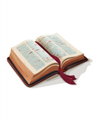 An open antique book rests on a white background, showcasing aged pages and a burgundy ribbon bookmark.  The book's cover is a dark brown