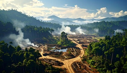A sprawling landscape of lush green forest gives way to a clearing where timber is harvested, revealing an industrial operation amidst the natural world.