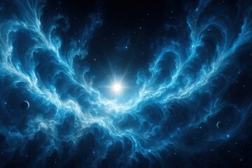 Obraz premium Vast blue and white nebula with shimmering stars and luminous sunrays cosmic dust clouds and distant galaxies epic deep space exploration artwork