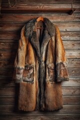 A long, reddish-brown fur coat hangs on a wooden hanger against a rustic wood-paneled wall.  The coat features contrasting fur patches and leather accents at the pockets