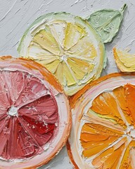 Impasto citrus fruit slices, vibrant colors and textures, close-up view
