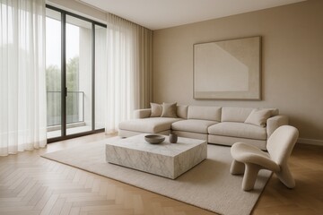 Contemporary living room with herringbone parquet floor sculptural furniture and large window natural light soft neutrals and minimalist styling